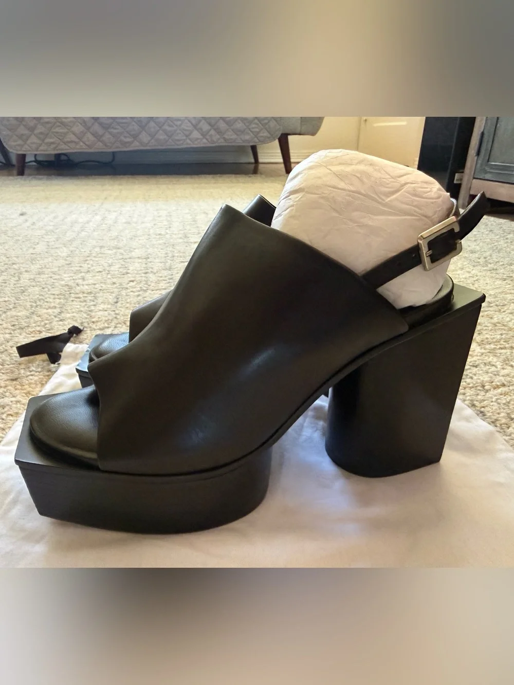 Robert Clergerie Black Leather Square Toe Platform Slingback Sandals